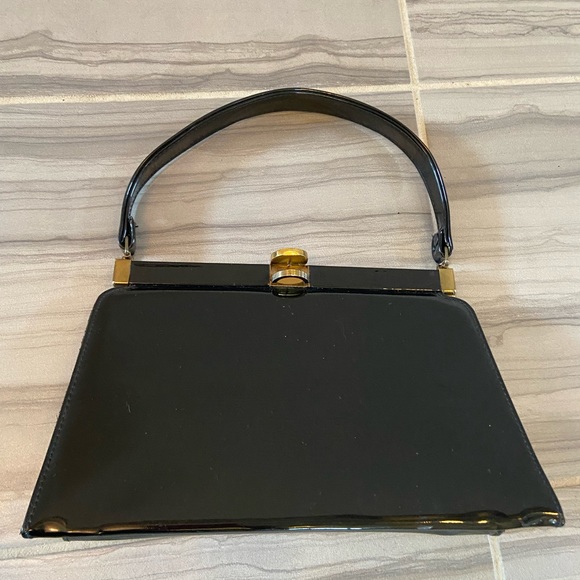 Vintage Bobby Jerome Black Vinyl Satchel Top Handle Purse Gold Hinge Clasp - Picture 7 of 14